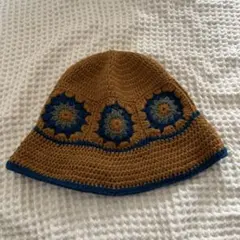 かぎ針編み バケットハット 茶色と青
