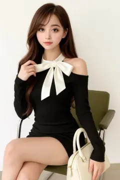 DHOLIC サテン リボン ワンショル リブ ミニ ワンピース ブラック 韓国