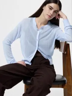 UNIQLO シアークルーネックショートカーディガン　ライトブルー　M