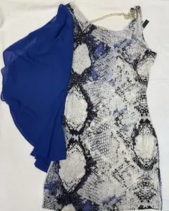 ラインストーン&ゴールドチェーン付き 袖シフォン蛇柄ワンピース　1545