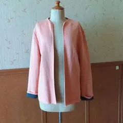 ニット　ノーカラージャケット　カーディガン　くすみオレンジ色