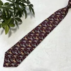 TACCHINI UOMO ネクタイ 猫柄 動物 バーガンディ シルク100%