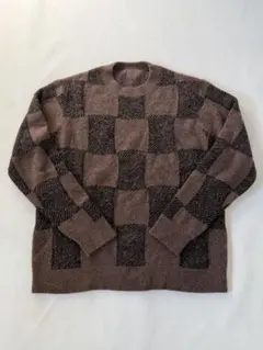 未使用 デッドストック ヤクウール ダミエ柄クルーネックニット