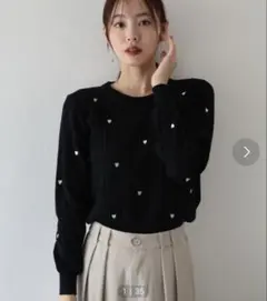 BLUEEAST ハート刺繍ワイドリブニット ブラック / MEDIUM