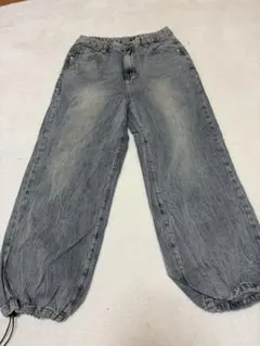 グレー デニム ワイドパンツ 裾絞り