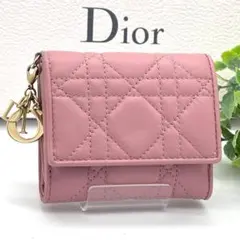 日本限定色✨Lady Dior カナージュ ラムスキン 三つ折り 財布 ピンク