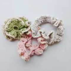 シュシュBヘアゴム　ハンドメイド　編み物　かぎ編み　モチーフつなぎ　ポイント消化