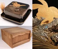 【MB603】天然木漆塗 波鷹蒔絵 黒塗一段重箱 台付 金蒔絵 螺鈿 菓子器 MB603】天然木漆塗 波鷹蒔絵 黒塗一段重箱 台付 金蒔絵 螺鈿 菓子器