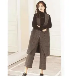 英国風チェック柄✨ロングベスト！セットアップ ウール混 ツーピース　ワイドレッグ