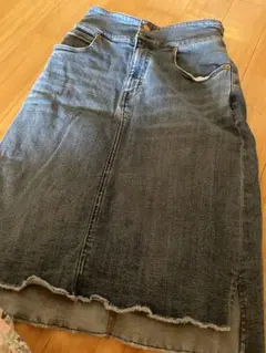 ダークブルーデニムタイトスカート ロング丈 フリンジ加工