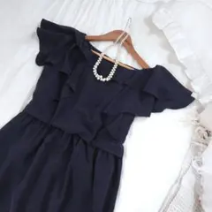 袖ラッフルバックレイヤードワンピース　ネイビー