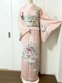 ピンクベージュ枝花訪問着と袋帯・帯揚げ・帯締めの4点フルセット