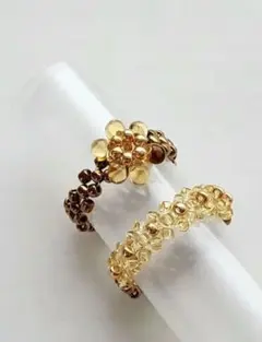 ハンドメイド　琥珀色の花ビーズリング 2点セット約11～13号