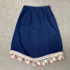 デニムタイトスカート タッセル付き　ひざ下丈　L ブルー