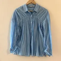 プレミアムローンギャザーシャツ 水色 ストライプ ニコアンド niko and