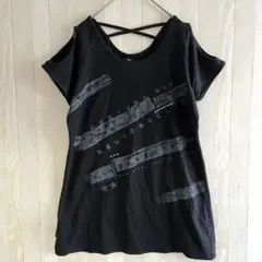 ダンスキン　プリント オープンショルダー ブラックTシャツのサムネイル