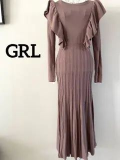 【GRL】ウエストリボン　ショルダーフリルニットワンピース　ブラウン　L