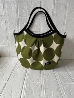 ドット柄グリーン×ナチュラル地グラニーバッグ　ハンドメイド