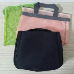 吊り下げポーチ　トラベルポーチ　化粧ポーチ　黒　メッシュバッグ　メッシュ巾着付き