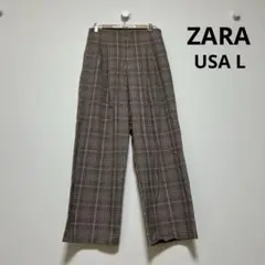 未使用　ZARA ブラウン チェック柄 ワイドパンツ USA Ｌ