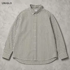 ユニクロ UNIQLO ストライプ長袖ボタンダウンシャツ カーキ XL 綿