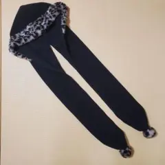 フードマフラー レオパードファー付き 黒 イタリア製 ヒョウ柄