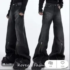 ダークグレー ワイドレッグデニム サイドジッパー付き 韓国デニム