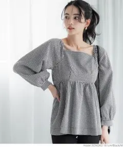 coca ギンガムチェックバックシャンブラウス ブラック M