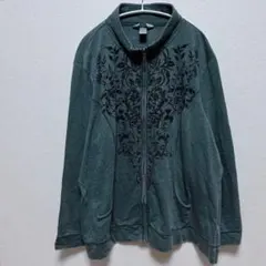 cj banks ジップアップパーカー 長袖 2X 刺繡 ゆったり 深緑 花柄のサムネイル