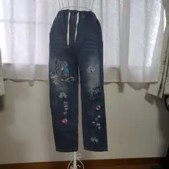 刺繍入りデニムパンツ ウエストゴム