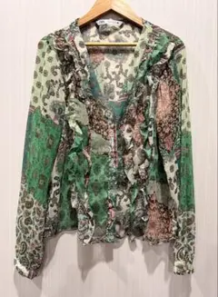 【ZARA】ザラ シアー フリルブラウス ペイズリー 花柄 パッチワーク S