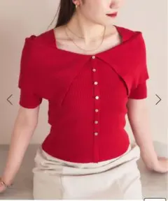【美品】vis ビックカラーオフショルハーフスリーブニット レッド