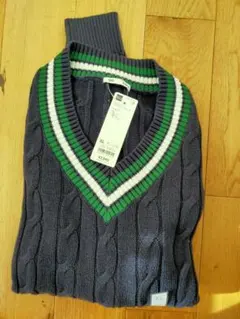 GUブルー ケーブルニット Vネック セーター XL