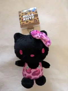 【最安値】ハローキティ ぬいぐるみキーホルダー ヒョウ柄 黒ピンク【おまけ付き】