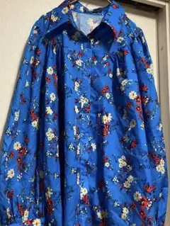 花柄 長袖シャツ 青