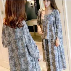 3点セット！ルームウェア ブルー部屋着 パジャマ カーディガン花柄M