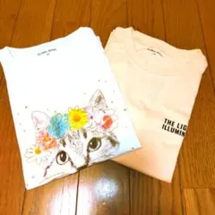 GLOBAL WORK 白地猫＆ピンクオレンジ前後柄入り Tシャツ2枚組130