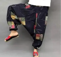 新品　アジアン　和風　和柄　ネイビー　エスニック　サルエルパンツ　アラジンパンツ