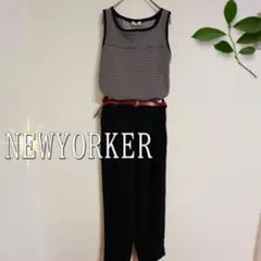 NEWYORKER チェック柄スクエアネックコットンタンクトップ（L）黒　日本製