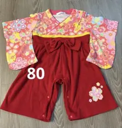 【袴ロンパース80cm❣️】女の子赤×ピンク花柄セレモニー節句お食い初め赤ちゃん