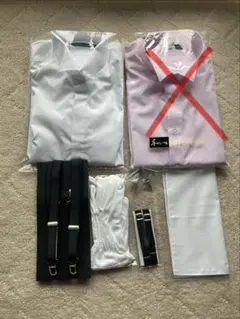 新郎小物6点セット【ウィングカラーシャツ白、カブスボタン、サスペンダー等】