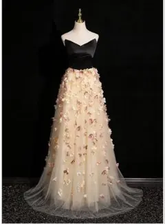 フラワー刺繍ストラップレスドレス イブニングドレス　ロングドレス　二次会