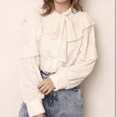 【nice claup】ボウタイ ブラウス 白 リボン フリル レース