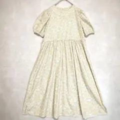 花柄　ミモレ丈　Aラインワンピース　ウエストリボン