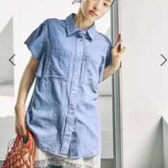 DouDouテンセルデニムバックシアー切替シャツ ブルー 半袖 ゆったり