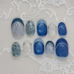 902.現品ネイルチップ　blue 小花柄レースフレンチ