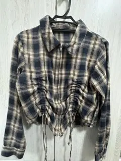 チェック柄クロップドシャツ 長袖 ネイビー