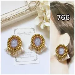 766 インド刺繍リボン　ビーズ刺繍　パープル　ホワイト　イヤリング　ピアス