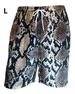 L ヘビ柄 ショートパンツ ブラウン ウエストゴム パイソン イージーショーツ
