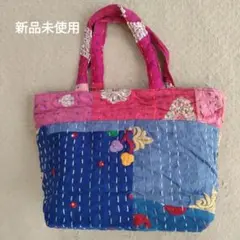 新品未使用　インド　ラリーカンバディア　パッチワーク　ミニトートバッグ　ネイビー